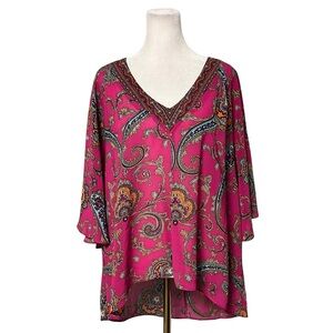 Nicole Miller V-Neck Flutter Sleeve Pink Paisley Blouse Size Medium